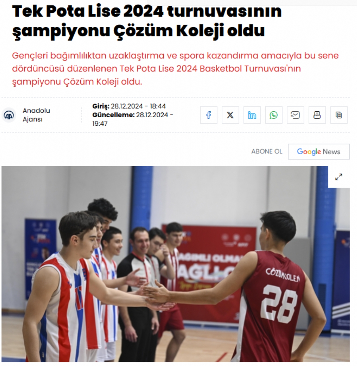 Tek Pota Lise 2024 turnuvasının şampiyonu Çözüm Koleji oldu