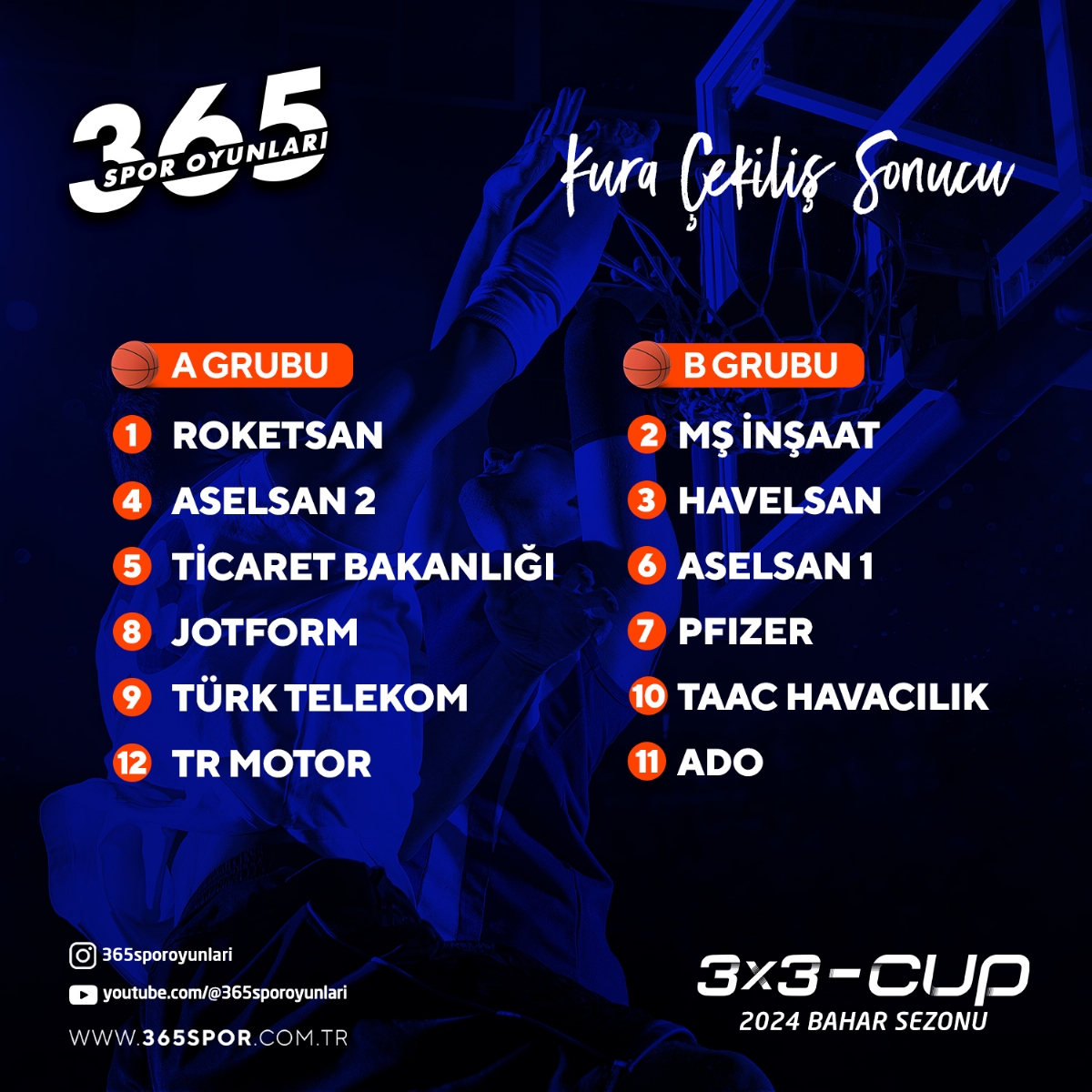 3x3-Cup Basketbol Turnuvası - 2024 Bahar Sezonu Kura Çekilişi Yapıldı.